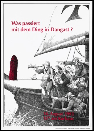 Knights of Malta on board ship in the North Sea spy a phallic scupture on the beach at Dangast; representing an event held in 1993 in Dangast, Germany; published on World AIDS Day 1992 by the AIDS Working Group Oldenburg. Colour lithograph, 1992.