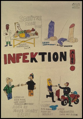 Two figures lying down having a blood transfusion, a penis with and without a purple condom, a bearded man offering another a syringe and a prostitute accepting money from a customer who sits on a bike; cartoons advertising the dangers of infection and AIDS. Colour lithograph by the AIDS-Hilfe Krefeld e.V.