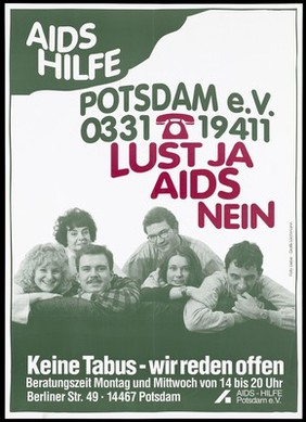 Men and women leaning on the back of a sofa; advertising the counselling services of the AIDS-Hilfe Potsdam e.V. Colour lithograph by Grafik Lachmann after Liebe.