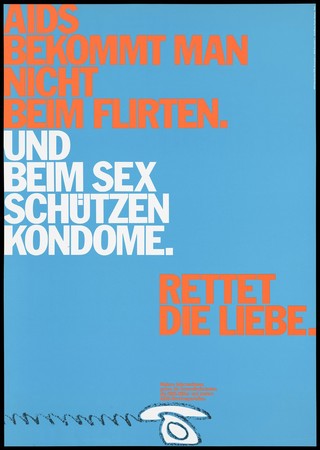 A white telephone advertising AIDS counselling services offered by health authorities and voluntary organizations; with the message "AIDS does not come from flirting". Colour lithograph by Papen, Hansen, 199- for AIDS-Koordination NRW.