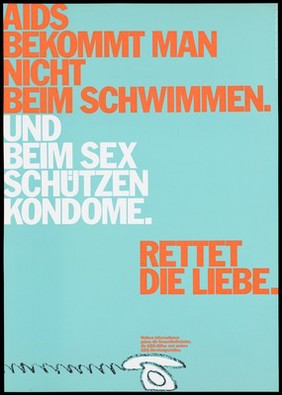 A white telephone advertising AIDS counselling services offered by health authorities and voluntary organizations; with the message ''AIDS does not come from swimming". Colour lithograph by Papen, Hansen, 199-.