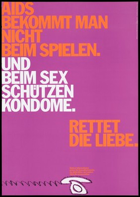 A white telephone advertising AIDS counselling services offered by Health Authorities and voluntary organizations; with the message ''AIDS does not come from playing". Colour lithograph by Papen, Hansen, 199-.