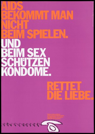 A white telephone advertising AIDS counselling services offered by Health Authorities and voluntary organizations; with the message ''AIDS does not come from playing". Colour lithograph by Papen, Hansen, 199-.