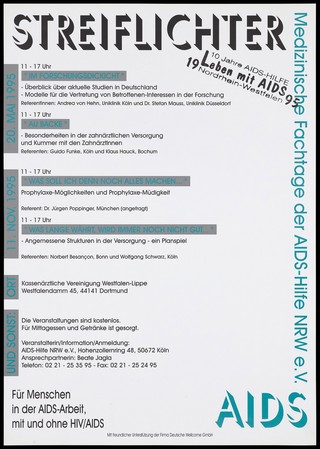 The words "Streiflichter" (Lightbeams) and "AIDS": day-seminars about AIDS given in Dortmund in 1995. Colour lithograph, 1995.