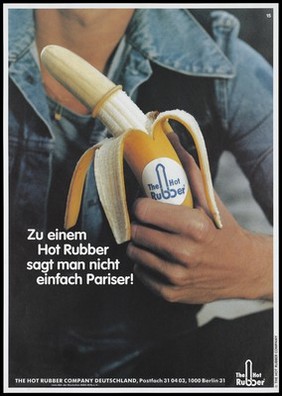 A man holding a peeled banana which is covered with a condom and has the logo of the Hot Rubber Company; advertising a brand of condoms for AIDS prevention. Colour lithograph by the Hot Rubber Company Deutschland, 199-.