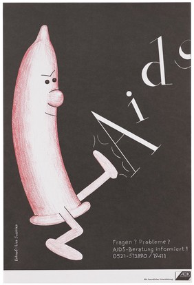 A personified angry condom kicks out at the words AIDS; advertising an AIDS information line. Colour lithograph after Lisa Sossinka for AIDS-Hilfe-Bielefeld.