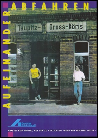 Two men talking talking on a train platform; with the message that there is no reason to avoid sex just because of AIDS. Colour lithograph by Friedrich Baumhauer and osthafen-Design for the Deutsche AIDS-Hilfe.