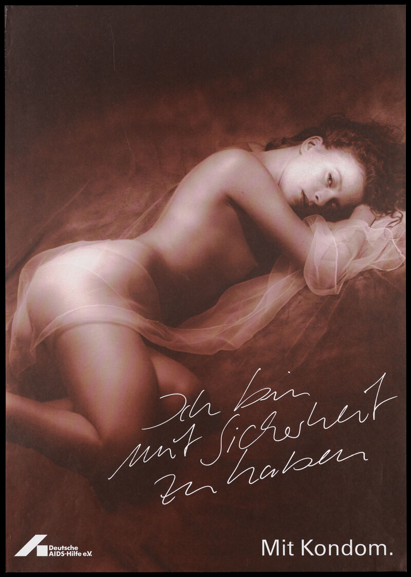 A reclining woman looks out while leaning on one arm with a transparent  drape around her and the message 