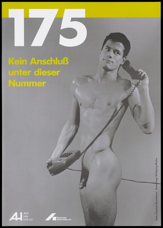 A naked man makes a telephone call to number '175' and gets no connexion; advertising the AIDS helpline by the Deutsche AIDS-Hilfe and AIDS-Hilfe DDR. Colour lithograph by Friedrich Baumhauer and Wolfgang Mudra, 1990.