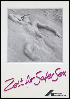 A naked man lying submerged in sand on a beach; representing an advertisement for safe sex by the Deutsche AIDS-Hilfe e.V. Colour lithograph, 199-, after Michael Rock, 1986.