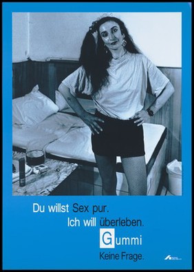 A woman with long black hair, a short skirt and fishnet stockings stands looking out with her hands on her hips beside a bed with a message about the need to use condoms; an advertisement for safe sex by the Deutsche AIDS-Hilfe e.V. Colour lithograph by Torsten Schmidt and Augenblitz.