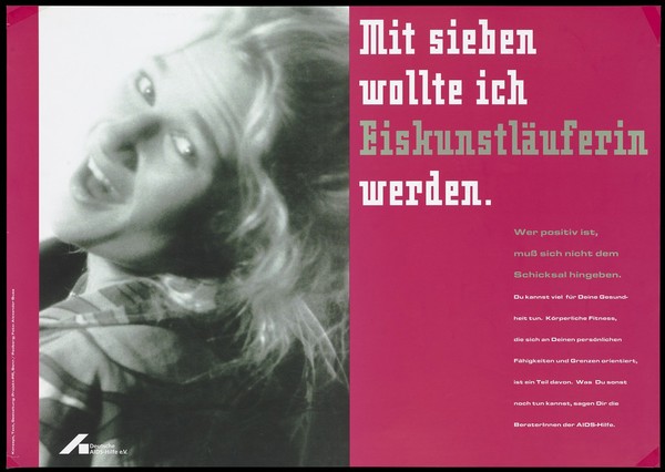 The head of a woman leaning back and smiling, advising HIV-positive people not to give up hope of living but to seek counselling. Colour lithograph by Projekt-PR and C. Padberg after A. Buss for the Deutsche AIDS-Hilfe e.V.