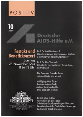 Details of a benefit concert marking the tenth anniversary of the Deutsche AIDS-Hilfe e.V., at the Sächsische Staatsoper Dresden. Colour lithograph by Wolfgang Mudra, 1993.