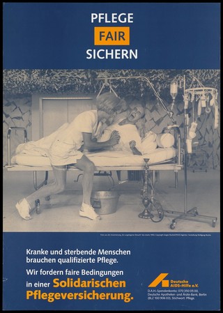 A transvestite nurse attending a man yelling with pain on a hospital bed; advertising fair rates of medical insurance for people who are sick or dying of AIDS. Colour lithograph by Wolfgang Mudra and Jürgen Rocholl for the Deutsche AIDS-Hilfe e.V., 1992.