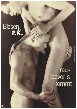 Two naked men having oral sex; advertising safe sex. Colour lithograph by I. Taubhorn and Trash Line Design for the Deutsche AIDS-Hilfe e.V.