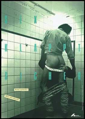 Two men engage in oral sex in a public toilet; an advertisement for safe sex by the Deutsche AIDS-Hilfe e.V. Colour lithograph by Friedrich Baumhauer and Wolfgang Mudra.