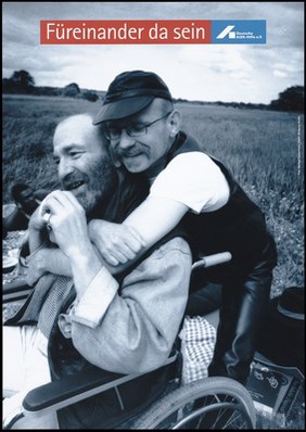 A gay man helping his partner who is disabled and has AIDS; an advertisement for caring for disabled partners with AIDS. Colour lithograph by M. Taubenheim and W. Mudra for the Deutsche AIDS-Hilfe e.V.