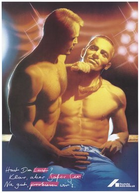 Two bare-chested men in a nightclub agree to safe sex; an advertisement for safe sex by the Deutsche AIDS-Hilfe e.V. Colour lithograph by H.-H.Salmon, 1990.