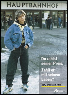 A rentboy at a railway station with a message emphasizing his right to safe sex. Colour lithograph by Alan Warren for the Deutsche AIDS-Hilfe e.V.