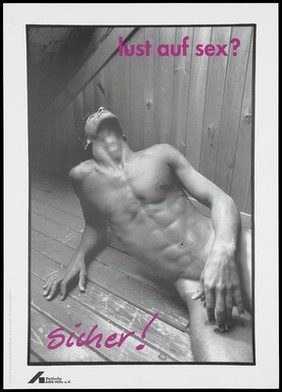 A naked man in a sauna with a message promoting safe sex. Colour lithograph by Michael Bidner for the Deutsche AIDS-Hilfe e.V.