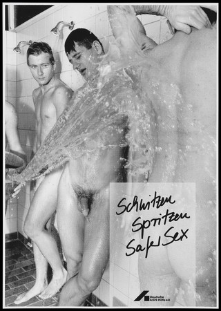 Naked men in a shower with a message about sweating, syringes and safe sex. Lithograph for Deutsche AIDS-Hilfe e.V.