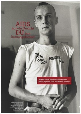 A man with AIDS showing skin markings caused by the HIV virus on his arms and face; an appeal for donations by Deutsche AIDS-Hilfe e.V. Colour lithograph by Ines de Nil, 199-.