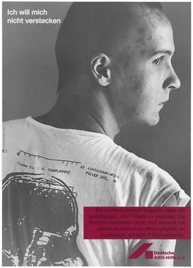 An AIDS patient who wears his diagnosis on his t-shirt. Colour lithograph by Ines de Nil and Lilo + White for the Deutsche AIDS-Hilfe e.V.