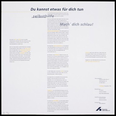A jagged yellow, blue and red design with four vignettes representing relationships and messages in German emphasizing self-help by AIDS patients: ; ; an advertisment for the Deutsche AIDS-Hilfe e.V. Colour lithograph for the for the Deutsche AIDS-Hilfe e.V., 1996.