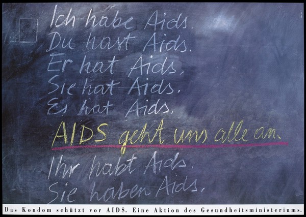 A blackboard bearing the words in German: "I have AIDS, you have AIDS, he has AIDS ..." written in white chalk and "AIDS affects us all" in yellow chalk underlined in red; an advertisement for condoms as a protection against AIDS by the Ministry of Health. Colour lithograph by Marat.