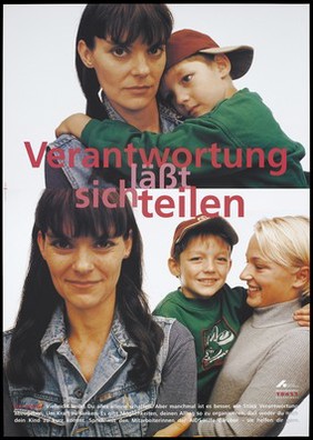 An HIV positive mother looking worried as her son wraps his arms around her neck and the same mother looking happy as her son is held by a woman AIDS-worker. Colour lithograph by Lauterbach/ Boek for Deutsche AIDS-Hilfe e.V.