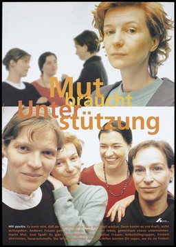 An HIV positive woman standing apart from her friends at the top, and the same woman joining in with her friends below; advertising Deutsche AIDS-Hilfe e.V. Colour lithograph by Lauterbach/ Boek, 199-.