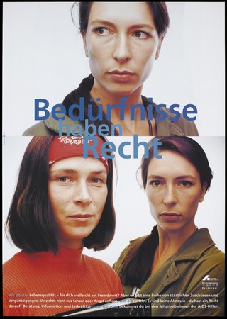 An HIV positive woman standing alone at the top, and the same woman with another (AIDS-worker) below ; advertising Deutsche AIDS-Hilfe e.V. Colour lithograph by Lauterbach and Boek.