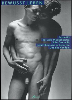 Two naked men embrace: a recommendation to use safe sex. Colour lithograph by Will McBride and Detlev Pusch for the Deutsche AIDS-Hilfe e.V.