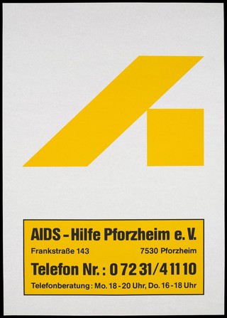 Two yellow lines representing the logo for the AIDS-Hilfe Pforzheim e.V. with contact details. Colour lithograph.