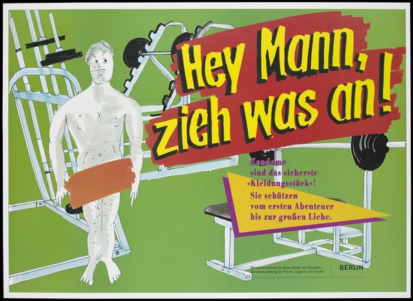 A naked man with his private parts obscured by an orange line with gym equipment around him; an advertisement for safe sex by the Senatsverwaltung für Gesundheit un Soziales and Senatsverwaltung für Frauen, Jugend und Familie, Berlin. Colour lithograph.