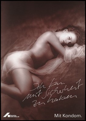 A reclining woman looks out while leaning on one arm with a transparent drape around her and the message "I am concerned with safety"; an advertisement [larger version] for safe sex by the Deutsche AIDS-Hilfe. Colour lithograph.