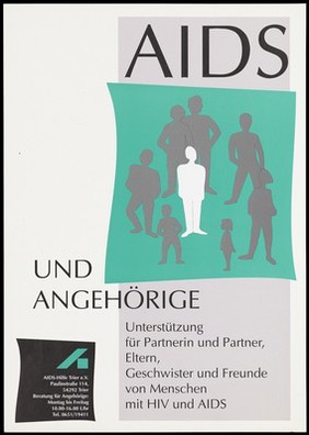 Seven silhouettes representing an infected person with AIDS and her/his friends and family around. Lithograph, ca. 1995.