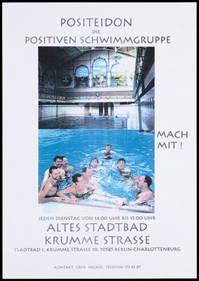 The swimming pool used by an HIV-positive swimming group (Positeidon), and the swimming group in the pool. Colour photocopy, ca. 1995.