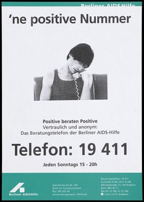 A young man talking on the phone; representing the telephone advice service of the Berliner AIDS-Hilfe. Colour lithograph, ca. 1995.