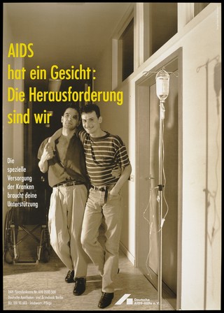 A man in a striped t-shirt with his arm around another man who helps him to walk down a hospital corridor with a wheelchair and drip stand near by; with an appeal for support for the Deutsche AIDS-Hilfe donation account for the special care of the sick. Colour lithograph by Ingo Taubhorn and Wolfgang Mudra.
