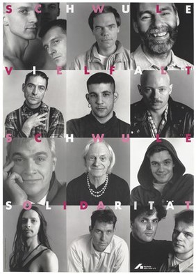 Four rows featuring the faces of gay men and the message "Gay diversity gay solidarity"; an advertisement by Deutsche AIDS-Hilfe e.V. Colour lithograph by Ingo Taubhorn and Wolfgang Mudra.