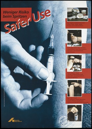 A man's hand holding a syringe poised to inject into his arm with five further smaller images showing the procedures for safe drug use; an advertisement by the Deutsche AIDS-Hilfe e.V. Colour lithograph by Torsten Schmidt and Detlev Pusch.