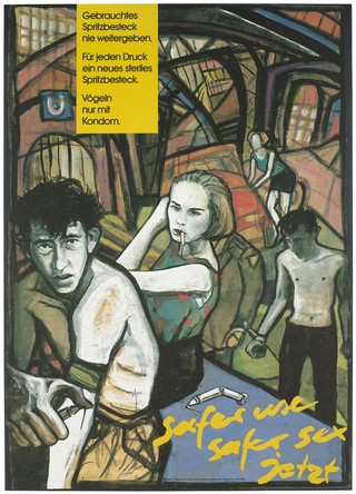 Two men and two women using unsafe methods of drug injection and sexual contact, as an advertisement for safe sex as a protection from AIDS. Colour lithograph by Peter Knoch for Deutsche AIDS-Hilfe.