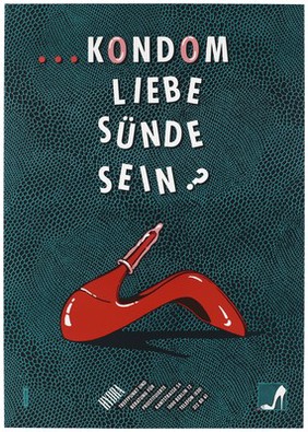 A red stiletto heel wearing a condom against a turquoise and black crocodile skin background; an advertisement by Hydra, a meeting and counselling place for prostitutes. Colour lithograph by Sehstern Kommunikation.