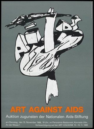 A gloved hand spears an artist's easel (?) on which sit the block words 'AIDS', representing an advertisement for an art auction in support of AIDS by the National AIDS Foundation on 15 November 1988 at the Panorama Restaurant, in Cologne with a preview at Art Cologne from 10th 1o 15th November. Colour lithograph by Hans-Peter Adamski.