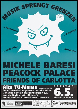A face with fangs with a fist emerging from a white spiky form against a turquoise background; advertising a benefit festival in Berlin for AIDS assistance. Colour lithograph, 1994.