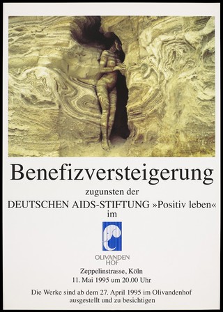 A woman stands in the crevice of a rock camouflaged by the same swirling rock patterns on her body; an advertisement for a charity auction for Deutsche AIDS-Stiftung based on the theme of 'Postive Living'. Colour lithograph, 1995.