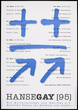 Two plus signs [for HIV positive] separated by a line with two arrows pointing right [for the male symbol] representing an advertisement for HanseGay, 1995, a cultural event by Rat + Tat e.V. for gays and lesbians. Colour lithograph by Langenhan, 1995.
