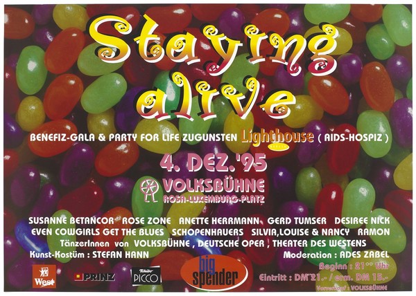 A background of multi-coloured jelly babies with the words 'Staying alive', advertising a benefit-gala in Berlin in aid of the Lighthouse AIDS hospice. Colour lithograph, 1995.