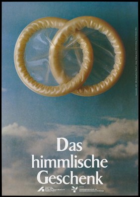 Two condoms entwined like a halo against a blue sky with the words 'Die himmlische Geschenk' [the heavenly gift]; an advertisement for safe sex by the AIDS-Hilfe Duisburg e.V. Colour lithograph by Walburga Lieven, GH-Uni Duisburg.